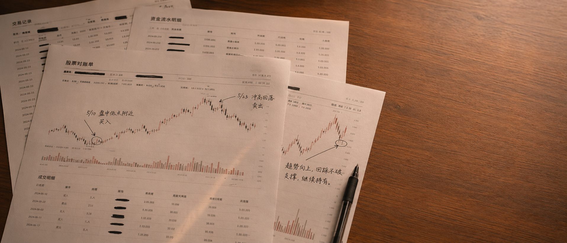 打印出来的交割单摊在桌上，手写圈注买卖点与复盘要点，账号金额已涂黑