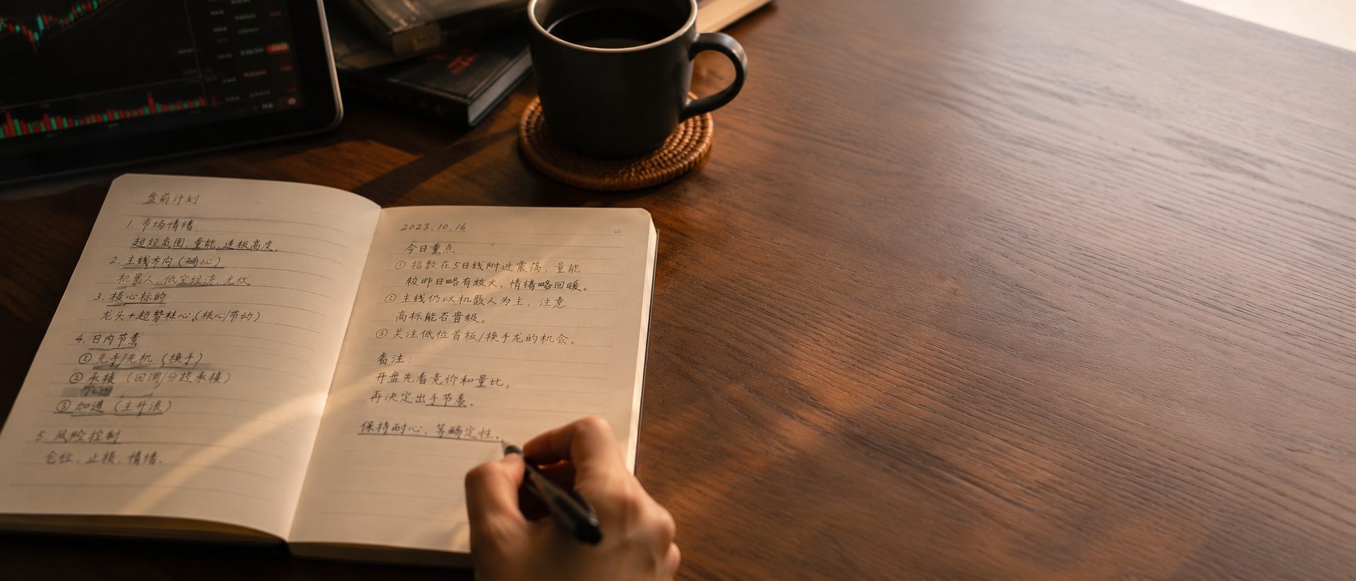 陈志远在纸质笔记本上手写盘前计划，桌上一杯茶，旁边屏幕显示分时走势